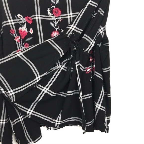 LOFT Floral Embroidered Tie Bell Sleeve Plaid Top M - Picture 6 of 9